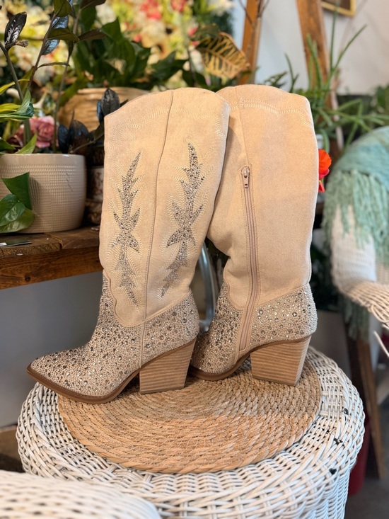 Madden Girl Shoes - Madden Girl Tan Suede Rhinestone Western Heeled Boots